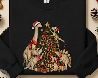 Retro Dinosaur Christmas Tee, Christmas Dino Sweatshirt,T-Rex Xmas Shirt, Xmas Party Dinosaur Shirt Gift