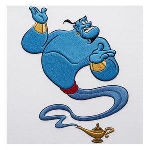 May include: An embroidered patch featuring a blue genie with a black ponytail, gold wrist cuffs, and a red waistband. The genie is emerging from a gold-colored oil lamp, with a swirling blue trail connecting the figure to the lamp base.