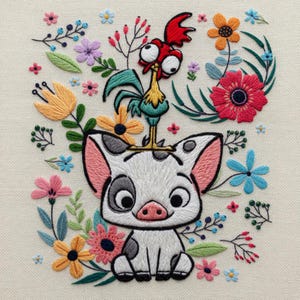 Puede incluir: Obra de arte bordada que presenta un cerdo de dibujos animados con un gallo en la cabeza, rodeado de coloridas flores y follaje. El cerdo es blanco con manchas negras y orejas rosas. El gallo es rojo, amarillo y verde azulado. Las flores son de varios colores.