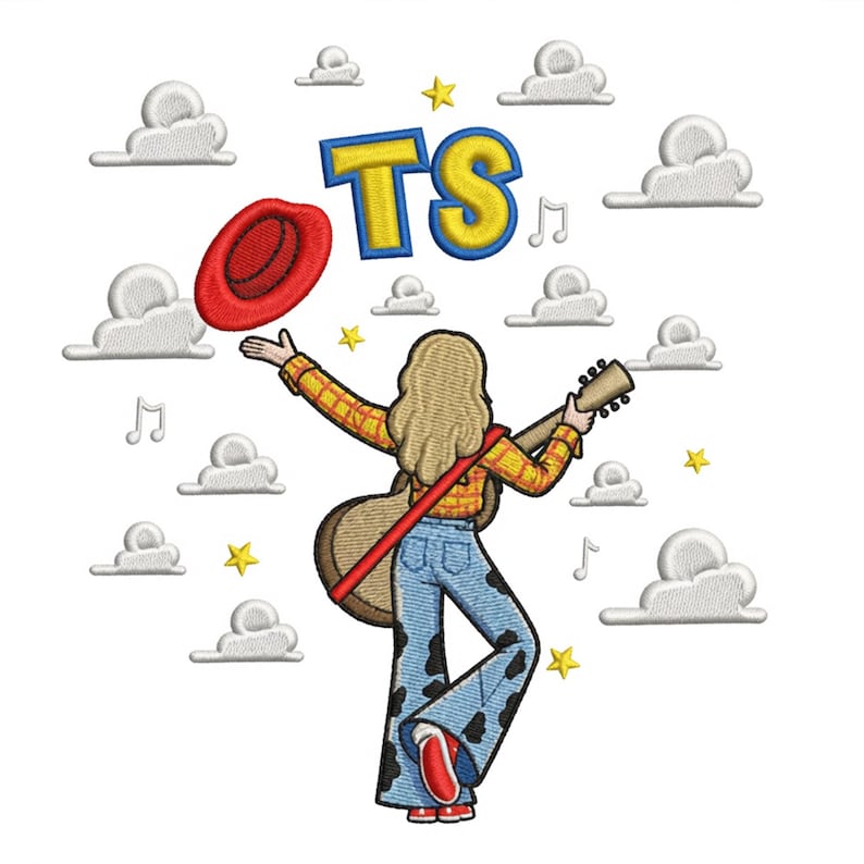 May include: An embroidered design featuring a person with long blonde hair seen from behind, wearing a yellow plaid shirt and blue cow-print bell-bottom trousers, holding a guitar. A red hat floats above, with the letters TS, clouds, stars, and music notes.