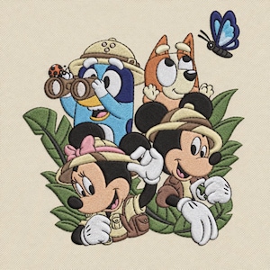May include: Embroidered design featuring Bluey, Bingo, Mickey, and Minnie Mouse in safari outfits, surrounded by green leaves and a butterfly. Bluey is looking through binoculars, and a ladybug is on the binoculars. The design is on a cream-colored background.