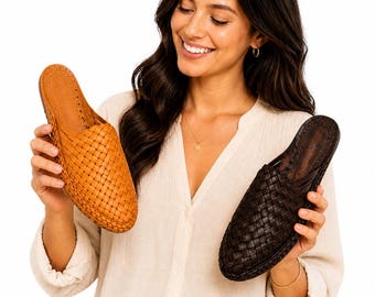 Woven Leather Mule Slides, Moroccan Huarache Sandal, Boho Beach Slip-On Flats