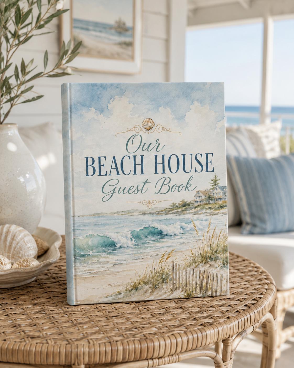 Our Beach House Guest Book, Coastal Watercolor Hard Cover Guestbook, Vacation Rental Guest Book, Beach Housewarming Gift