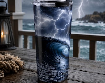 Vaso térmico Lightning Wave de 20 oz, vaso para bebidas con diseño de olas del océano tormentoso, taza para amantes de la playa y la costa.