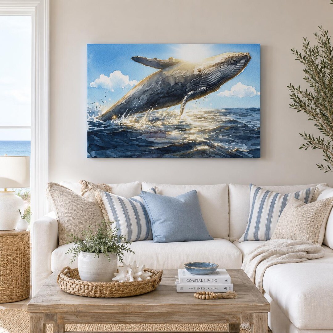 Humpback Whale Breaching Watercolor Art Print | Ocean Wildlife Wall Art ...