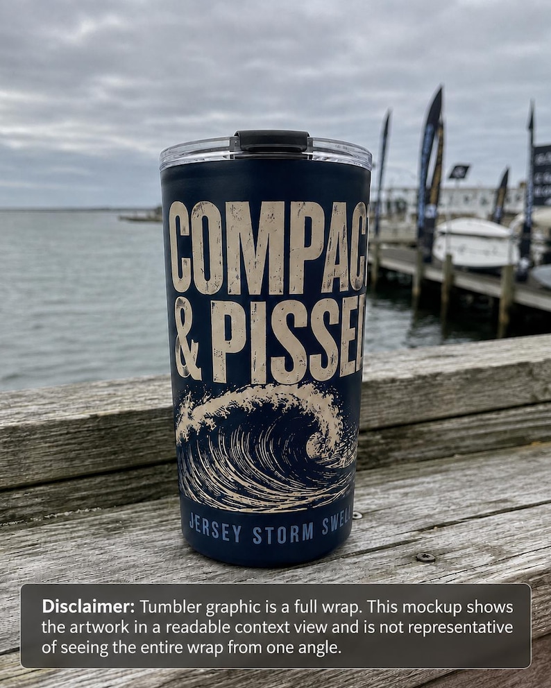 Vaso compacto de 20 oz con diseño de tormenta de Jersey y oleaje, ideal como regalo para surfistas de la costa este. imagen 1