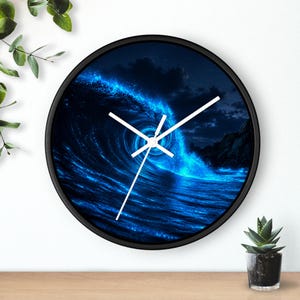 Orologio da parete a onda bioluminescente, orologio a onda oceanica, decorazione costiera con effetto luminoso stampato, arte da parete per casa al mare, regalo per amanti del surf, regalo per amanti dell'oceano