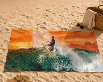 Sunset Surfer Beach Towel, Watercolor Surf Art Towel, Ocean Wave Pool Towel, Surfing Gift for Men, Coastal Beach House Decor Beach Towel