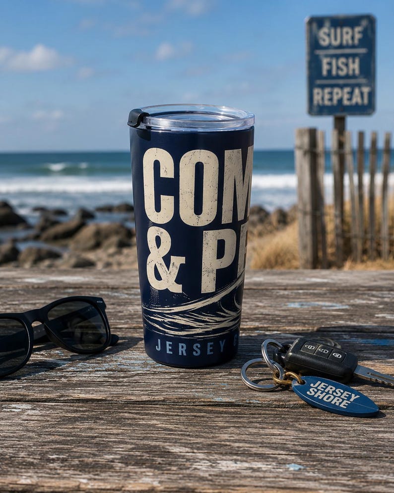 Vaso compacto de 20 oz con diseño de tormenta de Jersey y oleaje, ideal como regalo para surfistas de la costa este. imagen 3