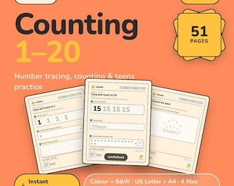 Number Tracing Worksheets 1-20 Printable | Preschool Counting & Teen Numbers | Pre-K Math Practice PDF