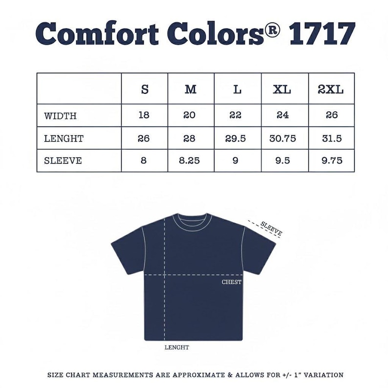Puede incluir: Tabla de tallas de camiseta azul marino con medidas en pulgadas. La tabla incluye medidas de ancho, largo y manga para las tallas S, M, L, XL y 2XL. El logotipo de Comfort Colors 1717 est&aacute; en la parte superior.