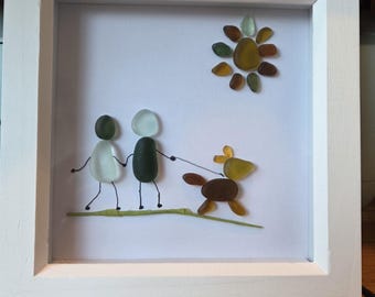 Seaham Sea Glass Art/Couple Walking Their Dog/Genuine Sea Glass/Gift/6x6 Frame
