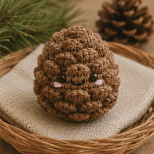 May include: A brown crocheted pinecone with a smiling face, black eyes, and pink cheeks. The handmade item sits on a beige cloth inside a woven basket. A second pinecone is visible in the background, along with pine needles.