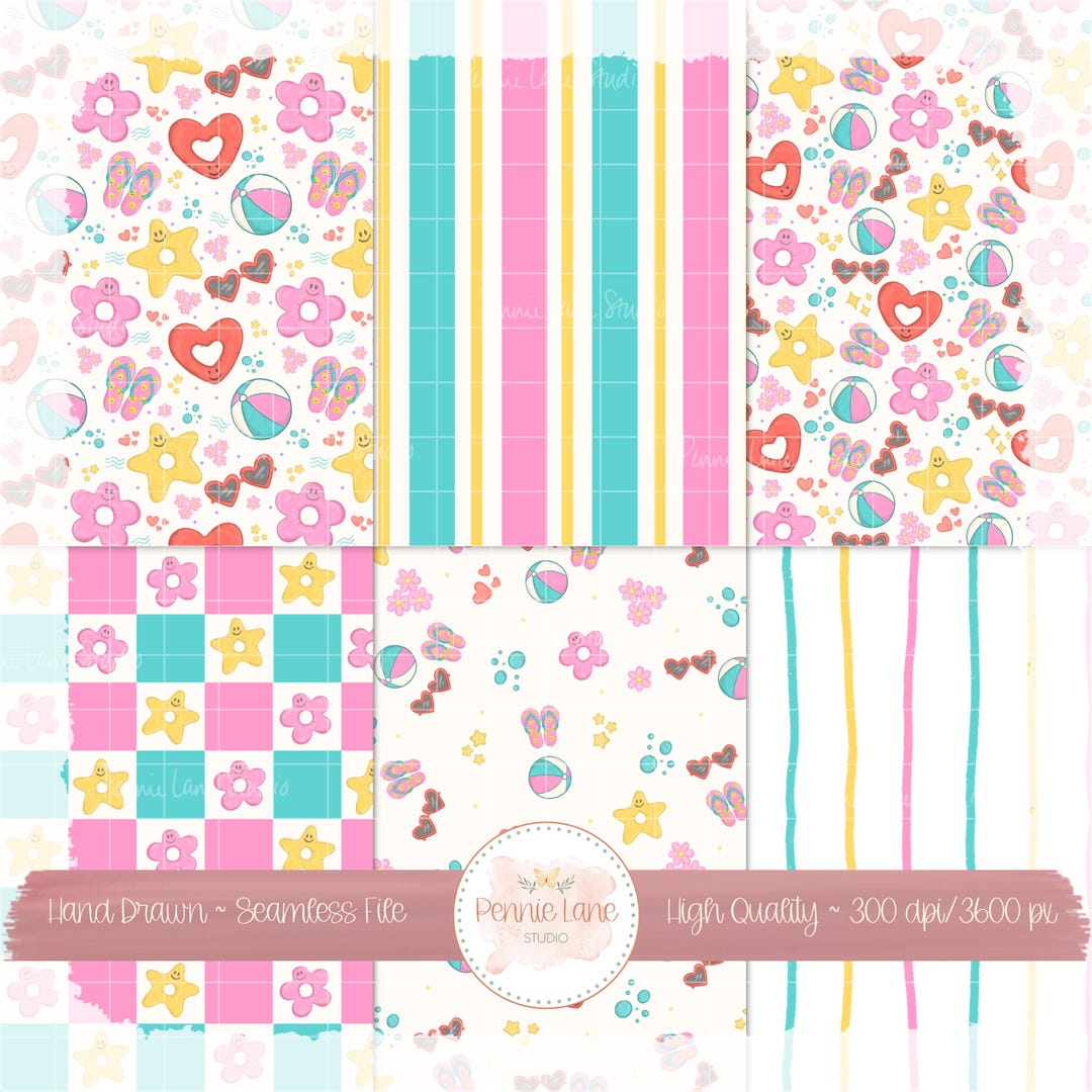 Patterned Floaties Retro Summer Seamless Pattern Bundle | Pool Floaties Digital Paper Pack ...
