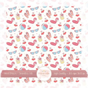 May include: A seamless pattern featuring summer-themed illustrations. The design includes pink flamingos, sunglasses, beach balls, flip-flops, cherries, and juice drinks on a white background. The text "Hand Drawn - Seamless File" and "Pennie Lane Studio" are also present.