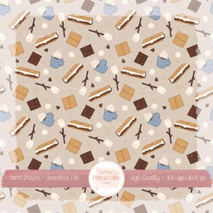 May include: A seamless pattern featuring illustrations of s'mores, hot chocolate, marshmallows, and chocolate squares on a beige background. The design includes the text "Hand Drawn - Seamless File" and "High Quality ~ 300 dpi/3600 px".