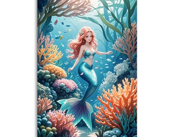 Le monde sous-marin sirène, affiche de décoration murale en toile, princesse de la mer de corail