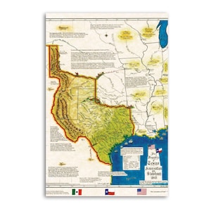 May include: A vintage map of Texas, showcasing the state's borders and geographical features. The map features a detailed illustration with a color palette of beige, green, and blue. Text includes the title "The Republic of Texas Annexation Statehood 1845".