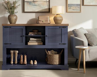 Farmhouse Rattan Console Table Charging Station Entryway Storage Cabinet Sofa Table