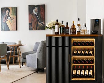 Black Coffee Bar Cabinet with Fridge Space & Charging Station, Fluted Sideboard