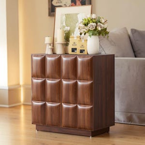 May include: A dark brown wooden cabinet with a geometric, padded door design. The cabinet has two doors and sits on a low base. On top are candles, decorative boxes, a vase of flowers, and a framed picture.