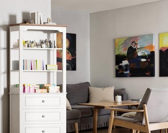 Tall Narrow White Bookshelf Drawers Storage Farmhouse Display Bookcase Living Office
