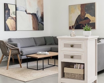 Boho Rattan Nightstand Wooden Bedside Table Storage Shelf Accent Furniture Gray White Decor