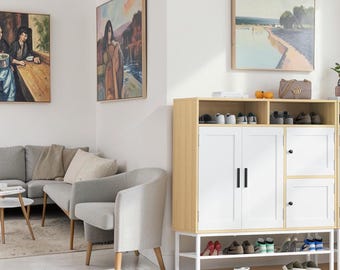 Farmhouse Shoe Cabinet Storage Organizer Entryway Rack Shelves Doors Closet Wooden Furniture Unit