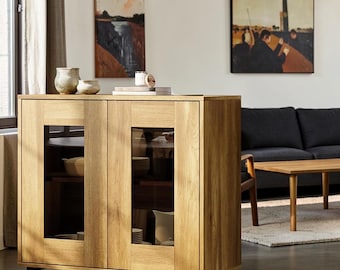 Modular Oak Sideboard Glass Door Buffet Cabinet Storage Credenza Adjustable Shelf