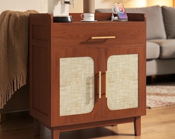 Walnut Rattan Buffet Cabinet Coffee Bar Storage Sideboard Charging Station Accent