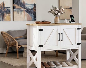 Farmhouse White Console Table Storage Cabinet Outlet USB Entryway Sofa Table