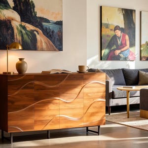 Modern Wave Relief Sideboard Cabinet Walnut Texture Living Room Storage Console with Iron Legs