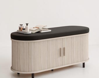 Fluted Shoe Storage Bench Cushion Sliding Door Entryway Hallway Organizer 43 Inch
