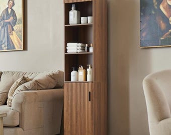Tall Narrow Fluted Bathroom Storage Cabinet Slim Space Saving Organizer Tower