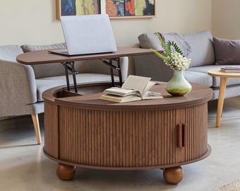 Round Lift Top Coffee Table Fluted Storage Center Table Tambour Door