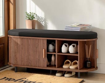 Fluted Shoe Storage Bench Cushion Sliding Door Entryway Hallway Organizer 43 Inch