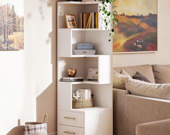 Corner Bookshelf Tall Storage Cabinet Drawer Shelf L Shape Organizer White