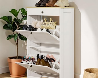 Slim Shoe Cabinet Flip Drawer Hidden Storage Organizer Entryway Wooden Rack