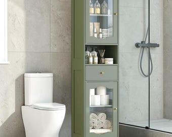 Tall Bathroom Storage Cabinet Glass Doors Linen Organizer Shelf Drawer White Narrow