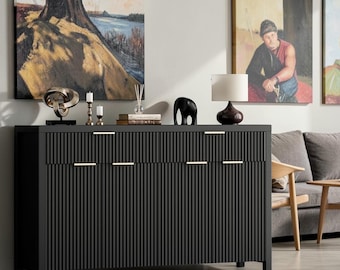 Fluted Buffet Cabinet Storage Sideboard Wood Organizer Shelves Modern Entryway Kitchen Furniture Solution