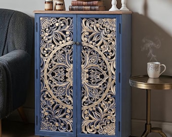 Boho Farmhouse Accent Cabinet Blue Carved Doors Storage Tall Buffet Sideboard