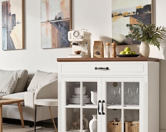 Farmhouse Coffee Bar Cabinet Glass Door Sideboard Storage Console Adjustable Shelf
