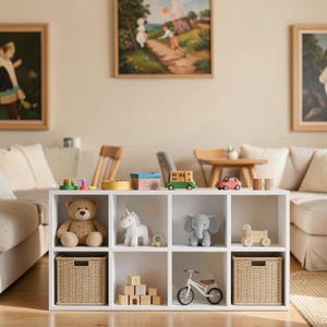 May include: A white eight-cube storage organizer shelf featuring a brown teddy bear, a white unicorn plush, a gray elephant plush, a wooden toy wagon, a small balance bike, two woven baskets, and various small wooden toys on the top surface.