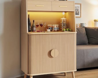 Modern Sideboard Cabinet LED Sliding Door Storage Coffee Bar with Drawers