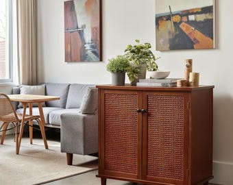 Rattan Accent Storage Cabinet Sideboard Buffet Entryway Woven Door Coffee Bar