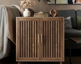 Farmhouse Walnut Sideboard Buffet Cabinet Slatted Doors Coffee Bar Storage Console Table
