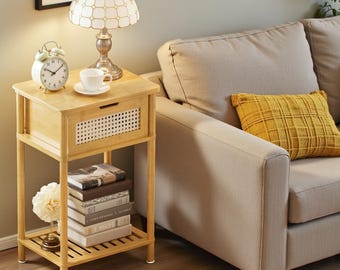 Bamboo Nightstand Boho Side Table with Drawer and Shelf Small Space End Table