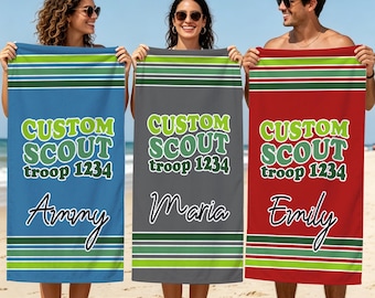 Personalized Scout Troop Beach Towel,Custom Name Towel,Scout Camp Summer Vacation Towel,Scout Leader Gift For Summer Camp Holiday