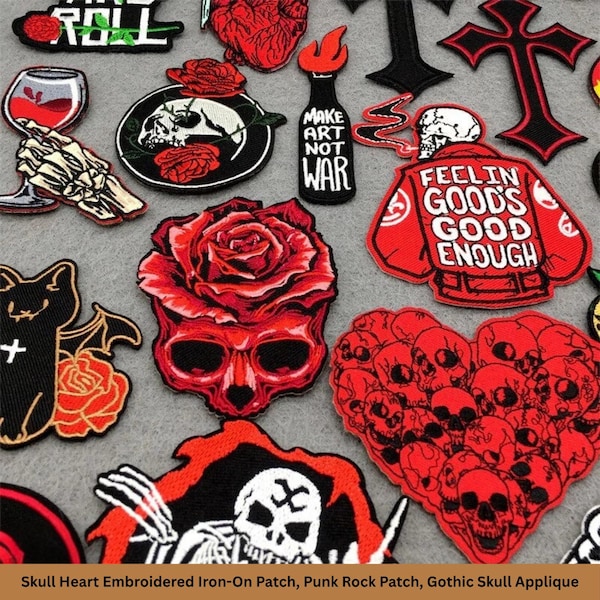 Totenkopf Herz gestickt Bügelbild, Punk Rock Patch, Gothic Schädel Applikation, Jacken Patch, Rucksack Patch