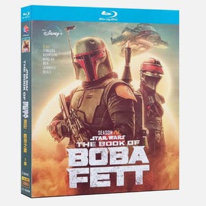 May include: Blu-ray disc of "Star Wars: The Book of Boba Fett" featuring Boba Fett and another character in helmets. The cover is predominantly orange, brown, and blue, with the Disney+ and Blu-ray Disc logos at the top. The text includes the title and cast.